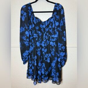 Express Blue and Black Floral Mini Dress Long Sleeve Size Medium